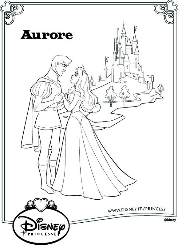 Coloriage de La belle au bois dormant, dessin Aurore avec son prince
