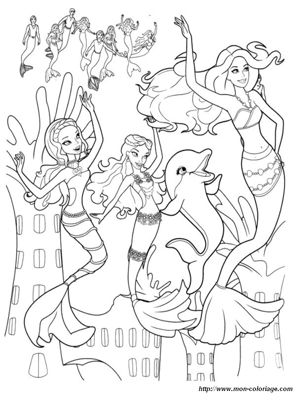Coloriage de Dauphins, dessin jolies sirenes avec un dauphin à colorier