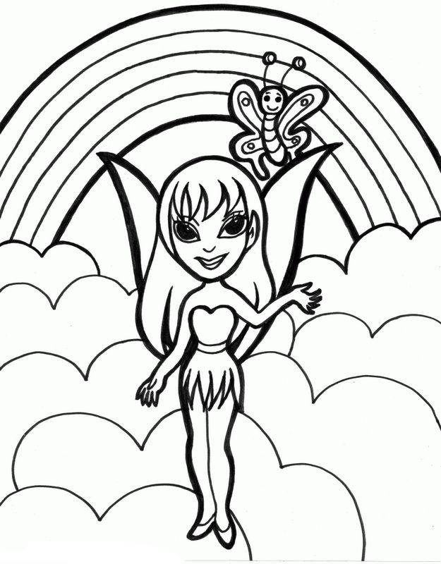 Coloriage de Fée, dessin Avec un papillon et un arc en ciel à colorier