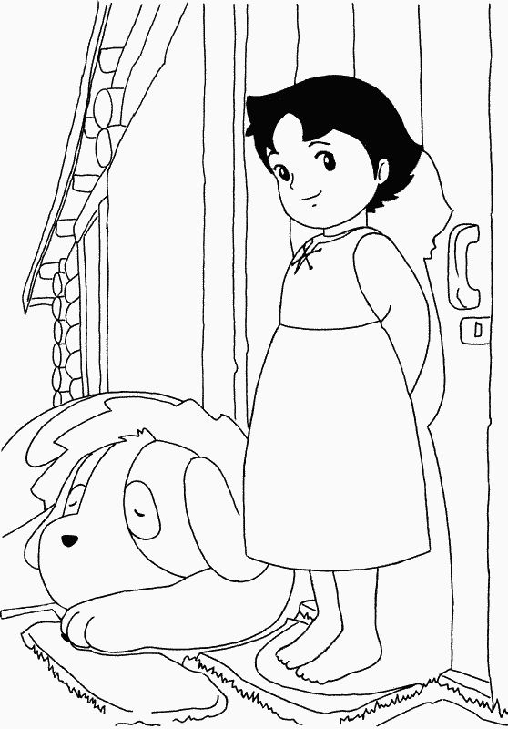 Coloriage de Heidi, dessin Une petite fille et son grand chien à colorier