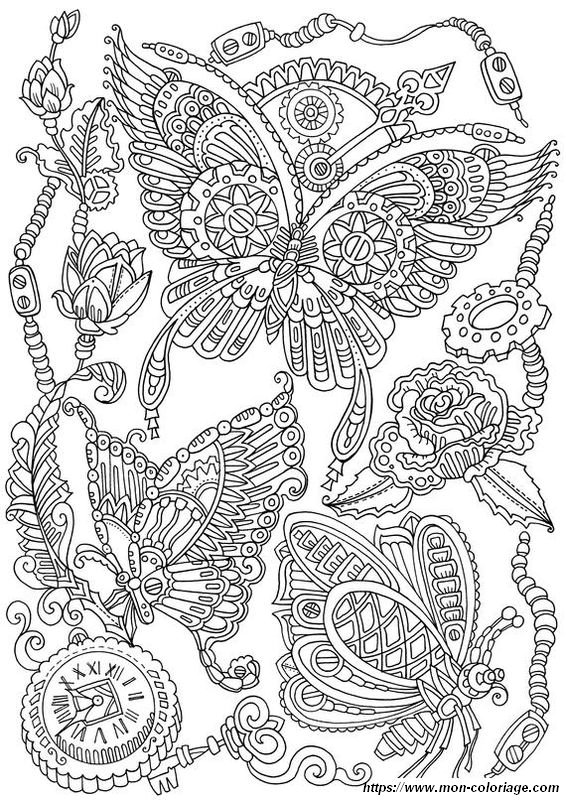 Coloriage de Pour adultes, dessin Des papillons et des fleurs à colorier
