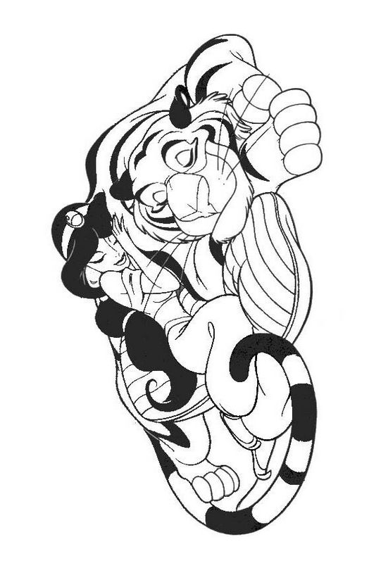 Coloriage de Princesse et prince, dessin Jasmine avec son ami le tigre